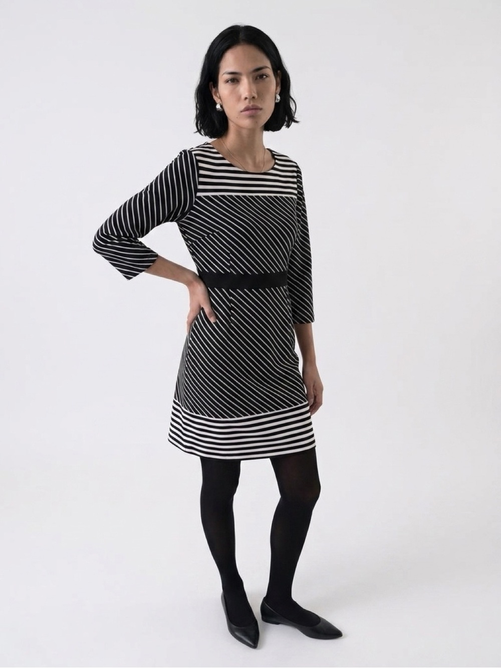 New York & Company Black and White Striped Long Sleeve Sheath Dress